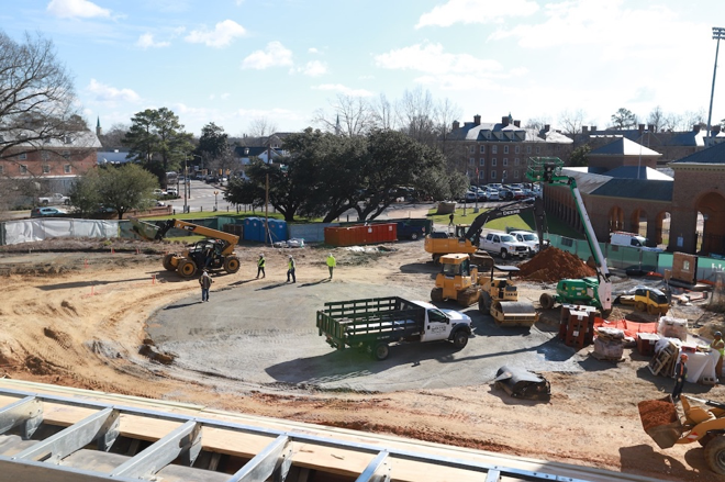 In early February, the architectural molding was added to the exterior of the building, painting and interior trimming began, the entrance circle was outlined in the main entrance and masonry began in the Walled Garden. After kicking off late last month, construction is now underway on the Family Courtyard. The courtyard honors multigenerational William & Mary families and other groups with deep connections to William & Mary.