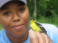 woman holding small yellow bird