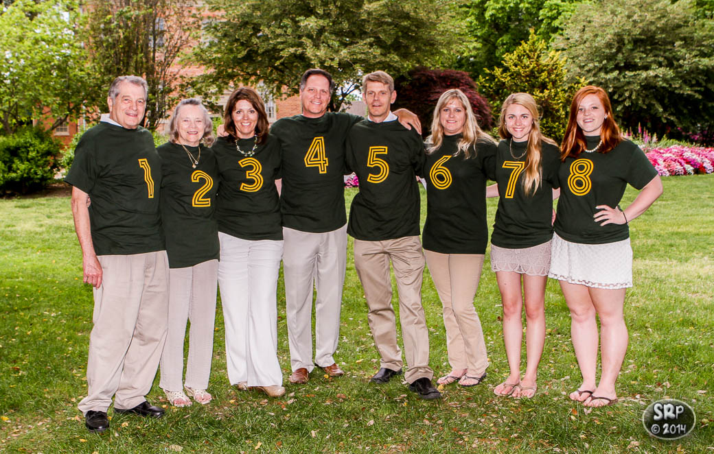 William & Mary events are often family reunions for the Sell-Phillips family. From left to right: Stewart "Stew" Sell ’56, Patricia "Pat" King Sell ’58, Sherri Sell Phillips ’83, Howard Lee "Bud" Phillips III ’82, Sean Sell ’87, J.D. ’93, Stephanie Sell Kinzel ’91, Samantha Phillips ’14 and Alexandra Phillips ’16. Photo courtesy of Skip Rowland ’83.